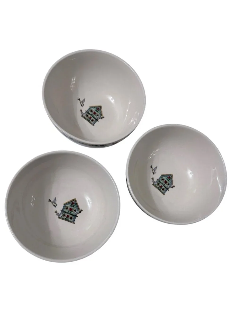 VTG 3  Thompson Pottery Bird House Cereal Soup Bowls 6 inch x 2.75 inch READ